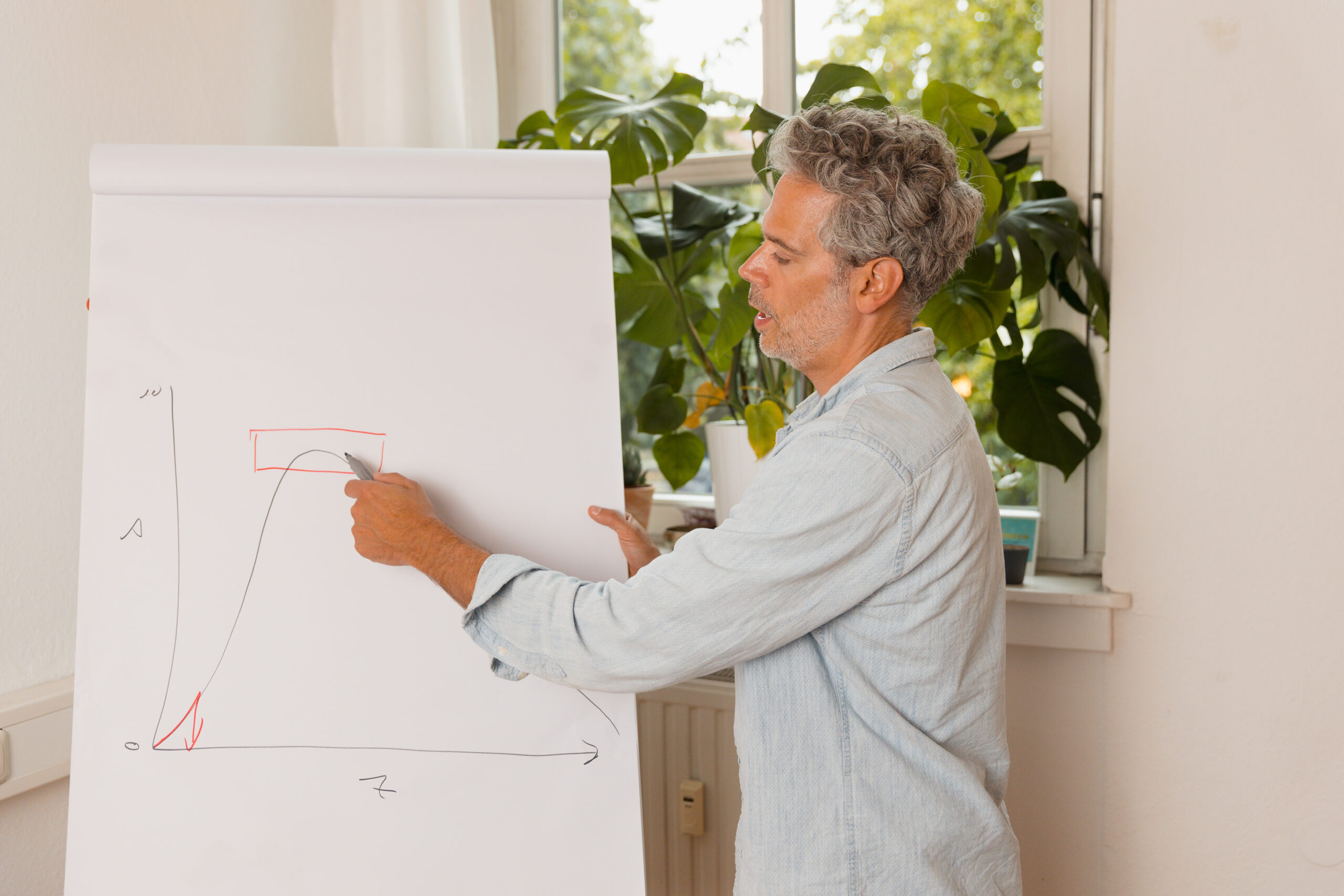 Beratung und Coaching in Dortmund - Dr. Udo Luckey Dr. Luckey erklärt etwas am Whiteboard anhand einer Zeichnung